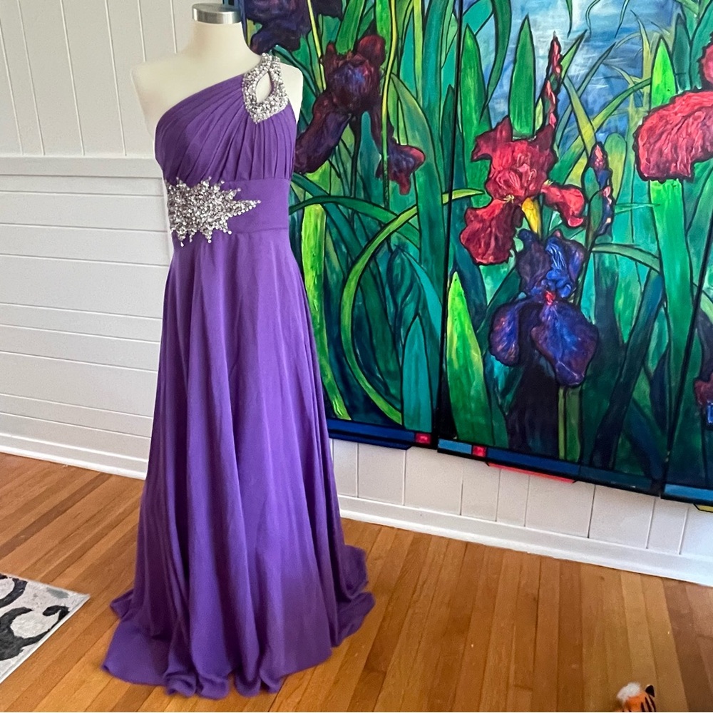 $99 SALE Formal Evening Gown One Shoulder Corset Embellish Purple Holiday Party